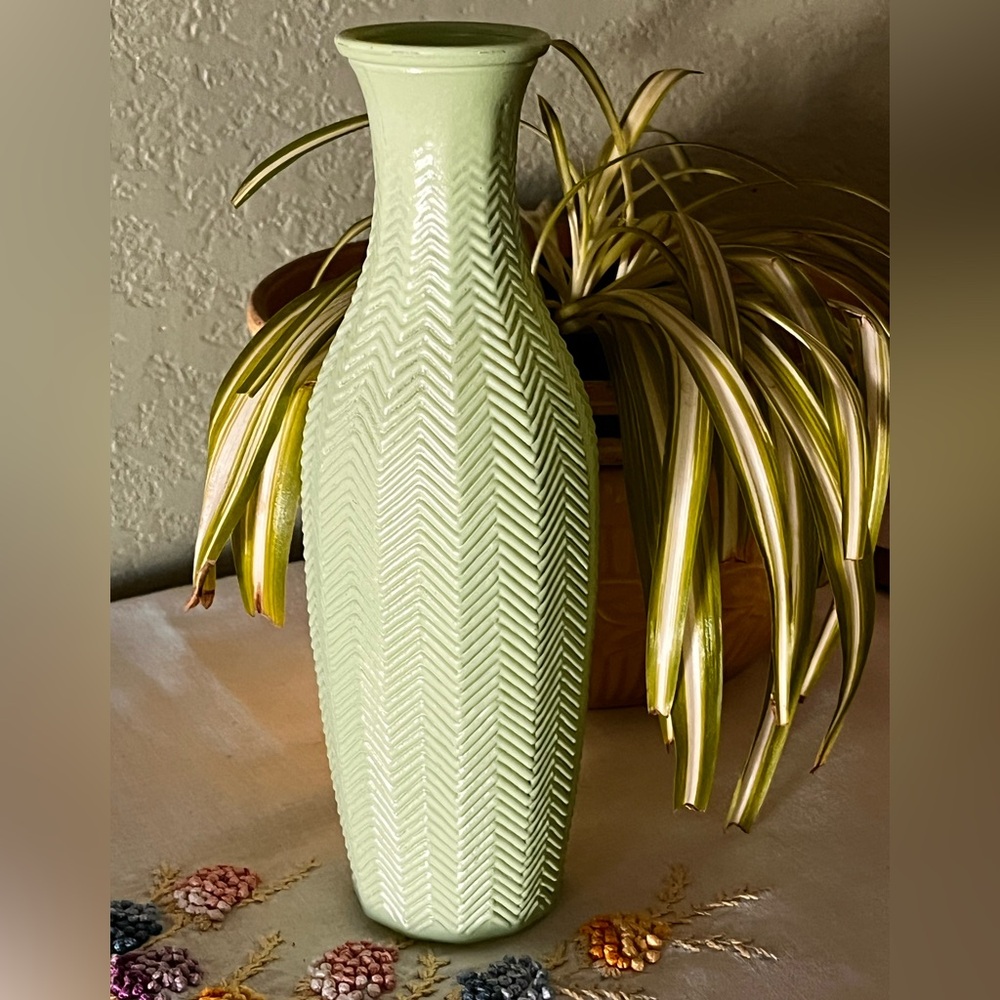 Vintage Jadeite Style Herringbone Vase | Mid Century Modern Green Ceramic Decor
